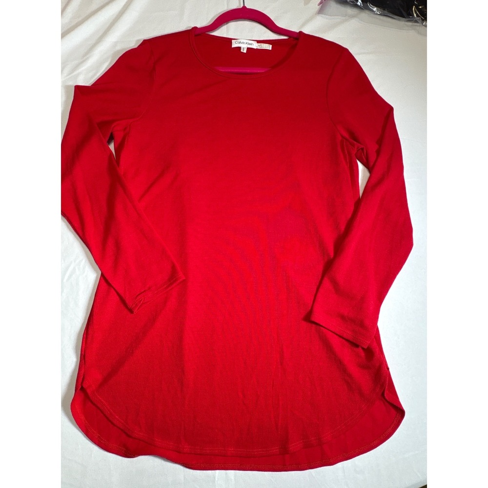 Calvin Klein Womens Red Long Sleeve Ribbed Knit Tunic Top Crew Neck Size M - Picture 3 of 5